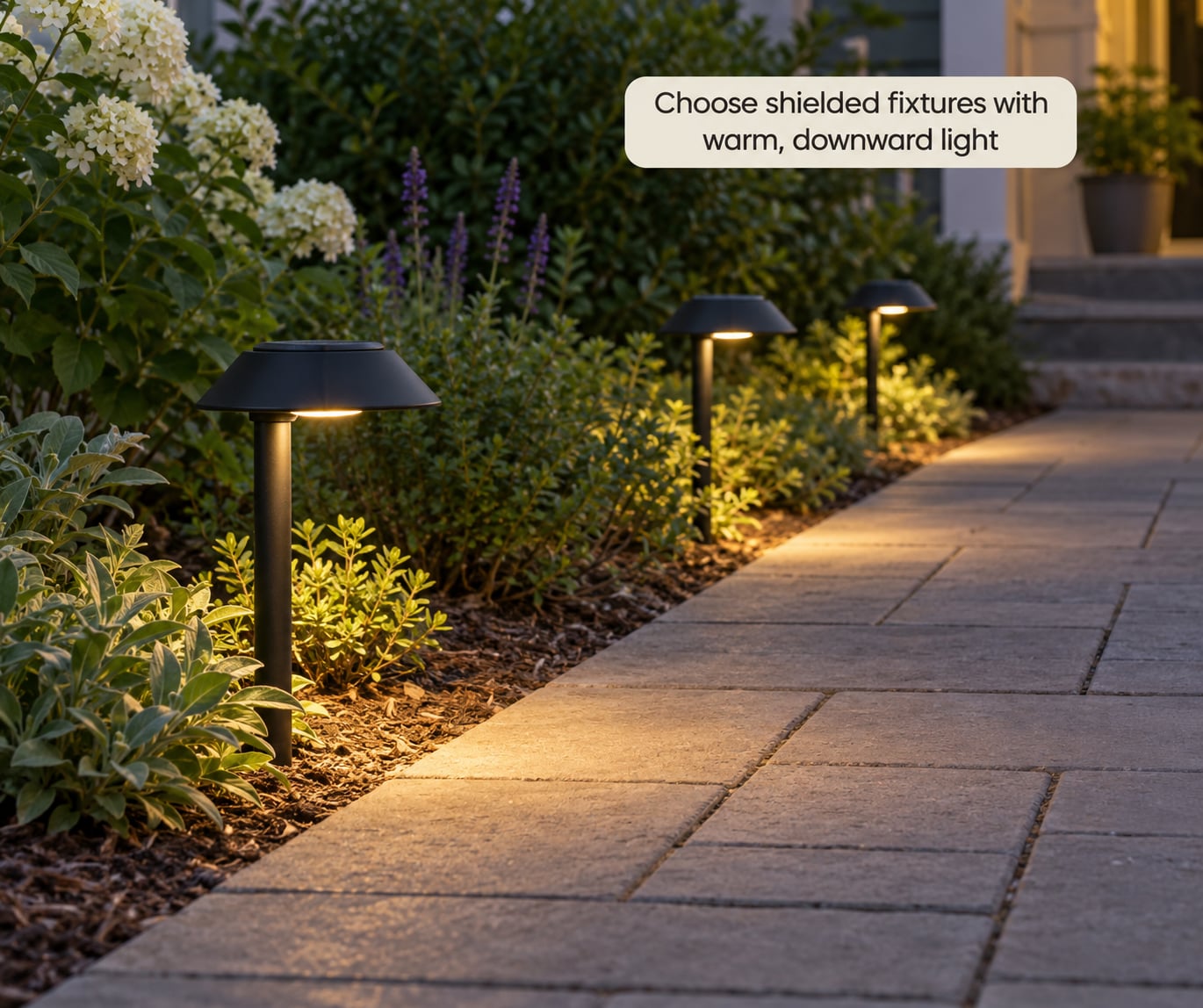 Choose shielded fixtures with warm, downward light